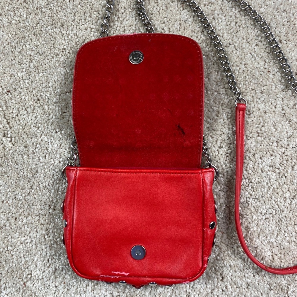 Red Studded Mini Crossbody Bag Silver Hardware Chain Strap Edgy Festival Style - Picture 6 of 8